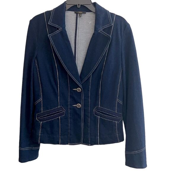 Reba Womens Navy Blue Blazer
Jacket Yellow Stitch Trim
Buttons Stretch Size 6 - Picture 1 of 16